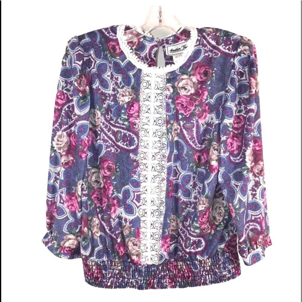 Vtg Victorian Prairie Lace Floral Blouse, size 8